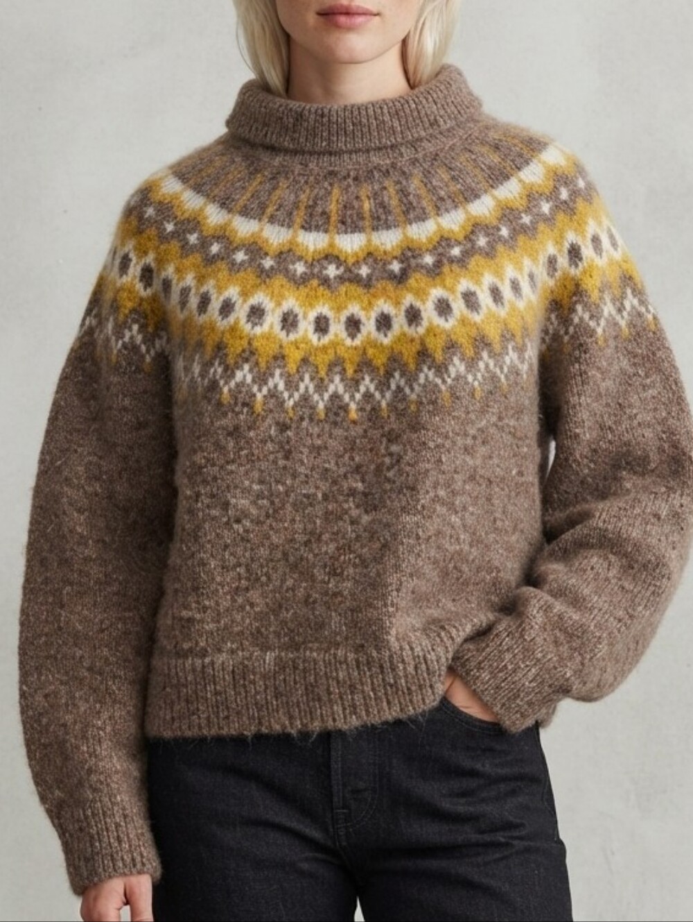 Gap Fair Isle Sweater Tan Sz Mock Neck Baggy Oversized Chunky Knit Comfy Cozy